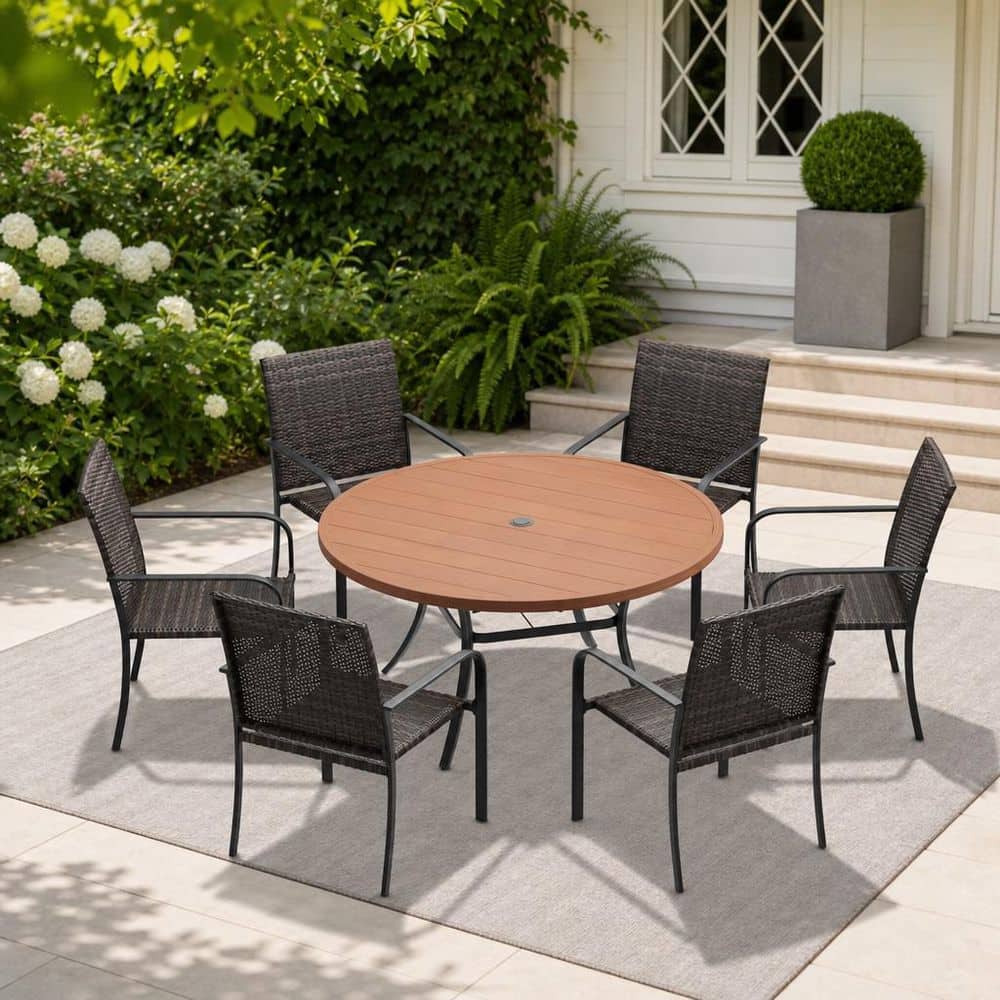 7-Piece Metal Outdoor Patio Dining Set with 50 in. Walnut Round Table and 6 Brown Rattan Stackable Dining Chairs price history on PriceWatchPro