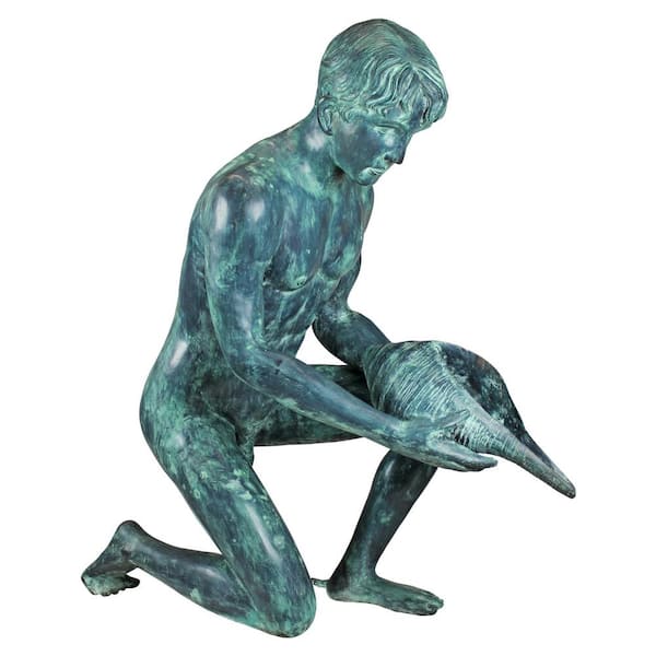 Design Toscano 39.5 in. H Man with Shell Verdigris Piped Spitter Statue