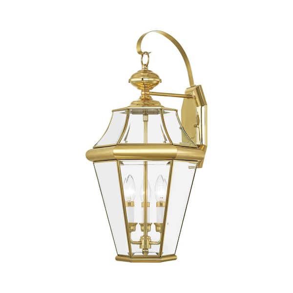 AVIANCE LIGHTING Cresthill 24 in. 3-Light Polished Brass Outdoor Hardwired Wall Lantern Sconce with No Bulbs Included