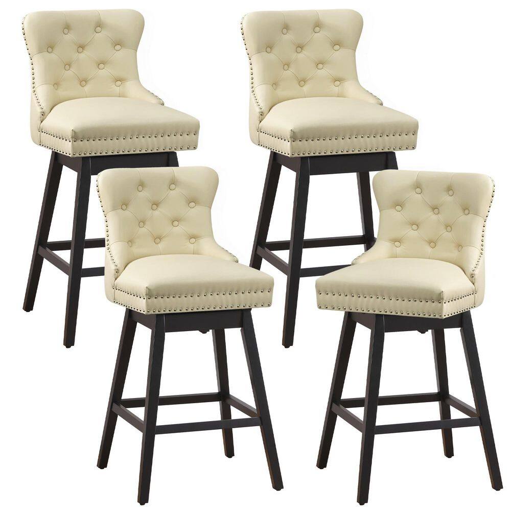 Beige Faux Leather Upholstered Swivel Counter Height Stools with Black Wood Legs, Set of 4