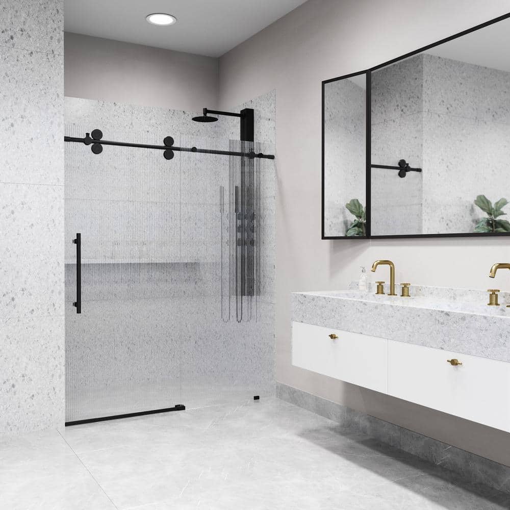 Elan Matte Black Frameless Sliding Shower Door with Fluted Glass