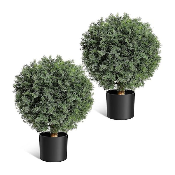 2 ft. 2PC Artificial Topiary Cedar Ball Tree, UV Resistant Faux Plants with Black Nursery Pot, Small Fake Shrubs