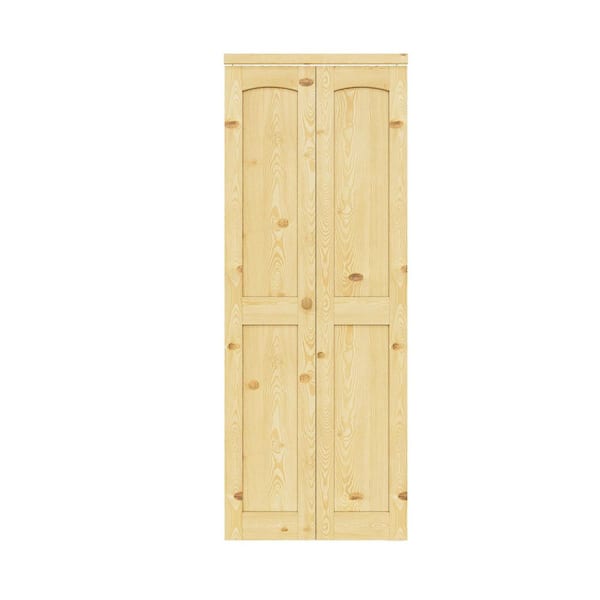 30 in. x 80 in. Arch Panel 2-Lite Solid Core Unfinished Pine Wood Interior Closet Bi-Fold Door with Hardware