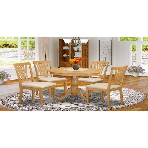 East West Furniture 5-Piece Round Natural Oak Finish Solid Wood Top Dining table with 4 Chairs with Lattice Back