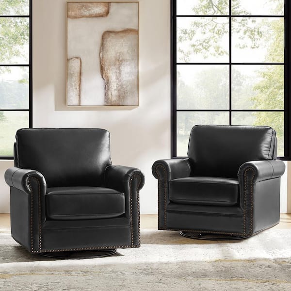 JAYDEN CREATION Jacindo Black Traditional Genuine Leather Swivel Rocking Accent Chair Set of 2 with Nailhead Trims