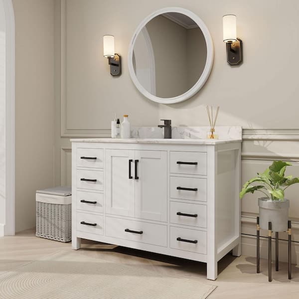 Thera 48 in. W x 22 in. D x 34 in. H Bath Vanity in White with Venato Carrara Top with Basin