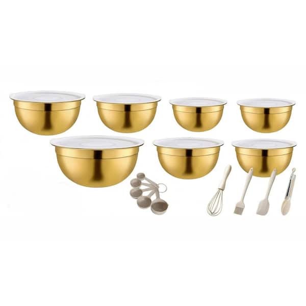 7-Pack Stainless Steel Gold Mixing Bowl Set with Airtight Lids and Kitchen Accessories for Baking and Prep