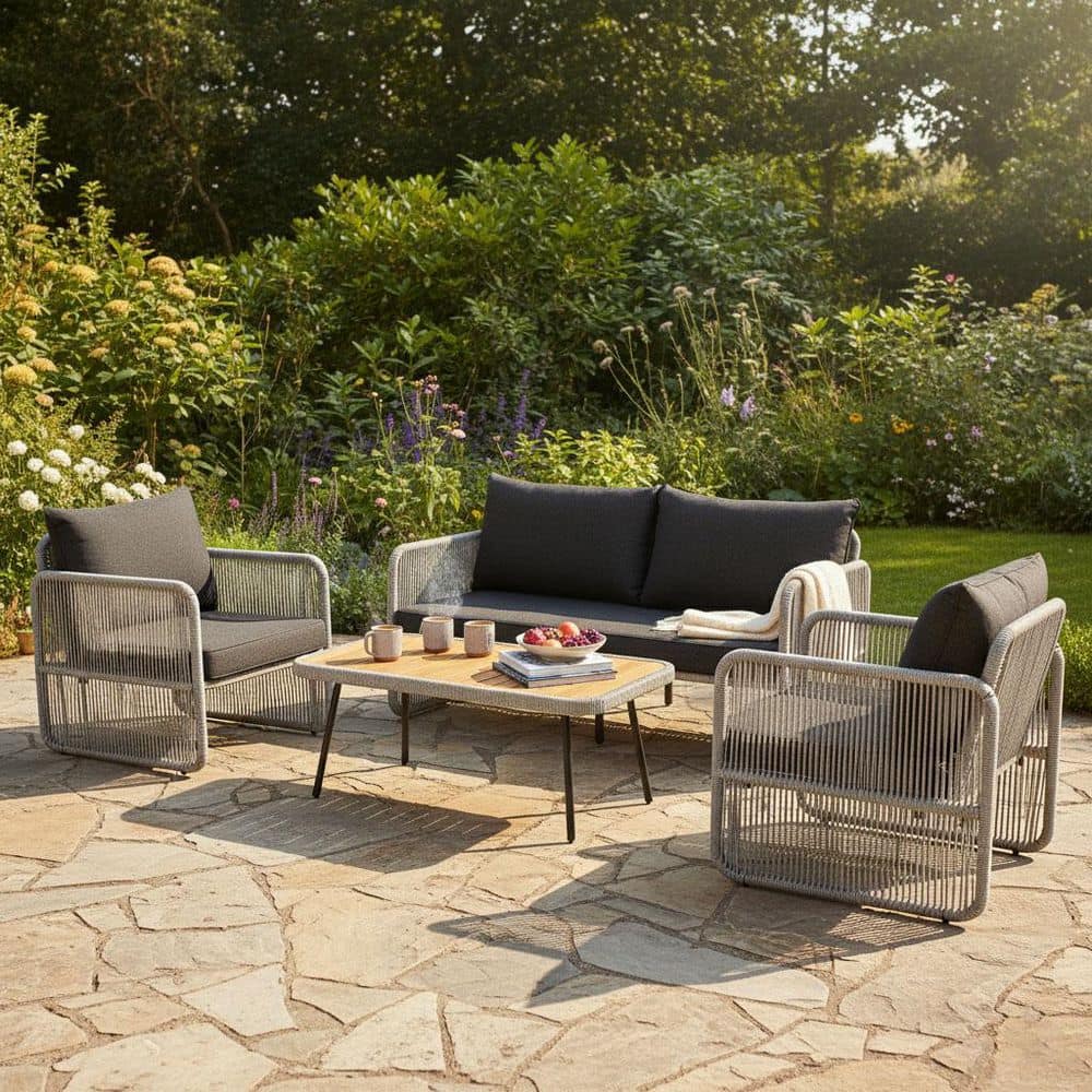 Panorama Light Grey Wicker Patio Conversation Set with Black Cushions price history on PriceWatchPro