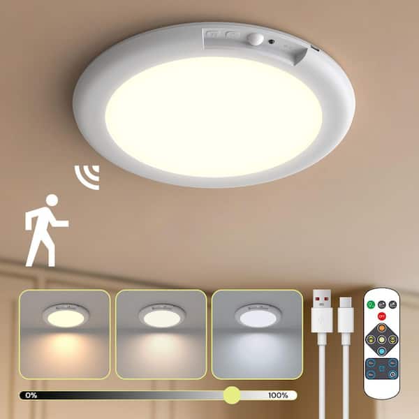 7 in. 1-Light 3CCT White Round Dimmable Rechargeable Motion Sensor Integrated LED Flush Mount Ceiling Light with Remote