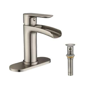 Single-Handle Single-Hole Bathroom Sink Faucet with Pop-up Drain Assembly Waterfall in Brushed Nickel