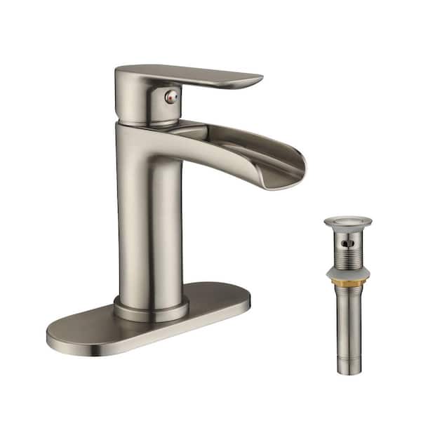 Miscool Single-Handle Single-Hole Bathroom Sink Faucet with Pop-up Drain Assembly Waterfall in Brushed Nickel