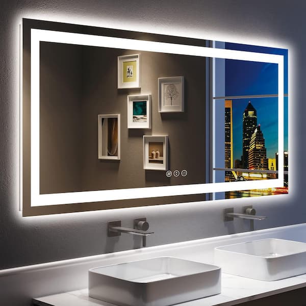 60 in. W x 30 in. H Large Rectangular Frameless Double LED Lights Anti-Fog Wall Bathroom Vanity Mirror in Tempered Glass