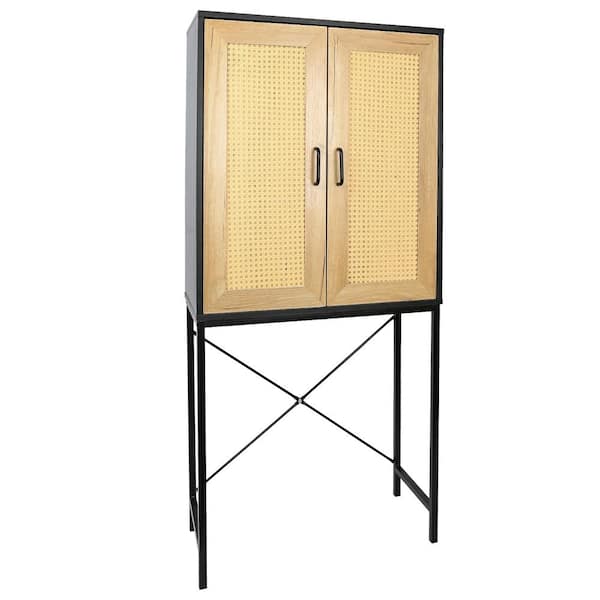 Miscool Anky 27.5 in. W x 12.7 in. D x 59.1 in. H Brown Freestanding Bathroom Linen Cabinet with Rattan Doors