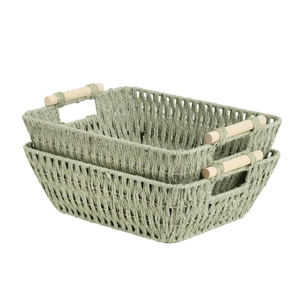 Wudkey 2-Pack Hand-Woven Storage Baskets with Wooden Handles