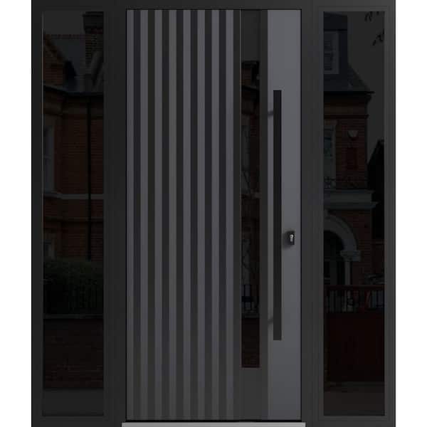 VDOMDOORS 0144 60 in. x 80 in. Left-hand/Inswing 2 Sidelight Tinted Glass Grey Steel Prehung Front Door with Hardware