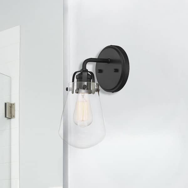 Designers Fountain Elliott 5 in. 1-Light Matte Black Modern Wall Sconce with Clear Glass Shade