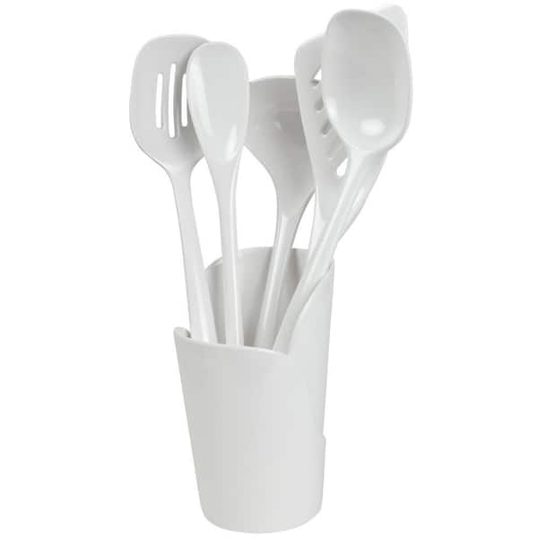 Melamine White Utensils and Crock (Set of 6)