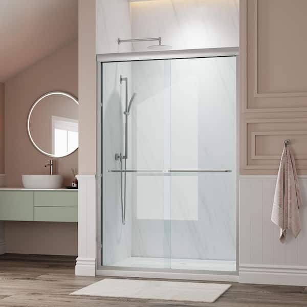 44 in. - 48 in. W x 72 in. H Double Sliding Semi-Frameless Shower Door in Brushed Nickel with Clear Glass