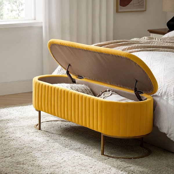 JAYDEN CREATION Drotar Mustard Modern Storage Bench with Metal