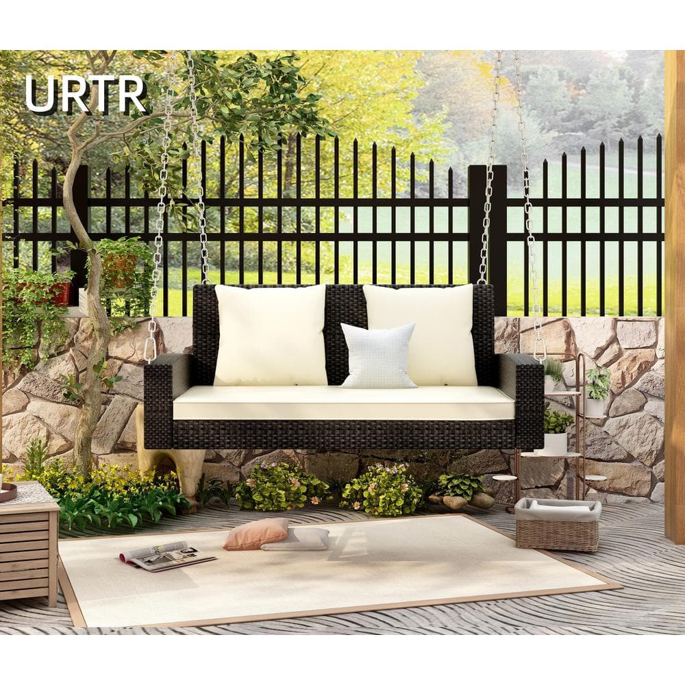 2-Person Outdoor Brown Rattan Swing Chair Bench Patio PE Wicker Hanging Porch Swing with Chains, Beige Cushion, Pillow -  URTR, HY01561Y