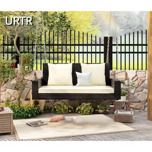 2-Person Outdoor Brown Rattan Swing Chair Bench Patio PE Wicker Hanging Porch Swing with Chains, Beige Cushion, Pillow