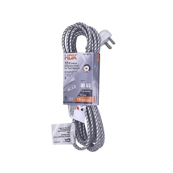 12 ft. 16/2 Light Duty Indoor Braided Tight Space Extension Cord, Grey/White