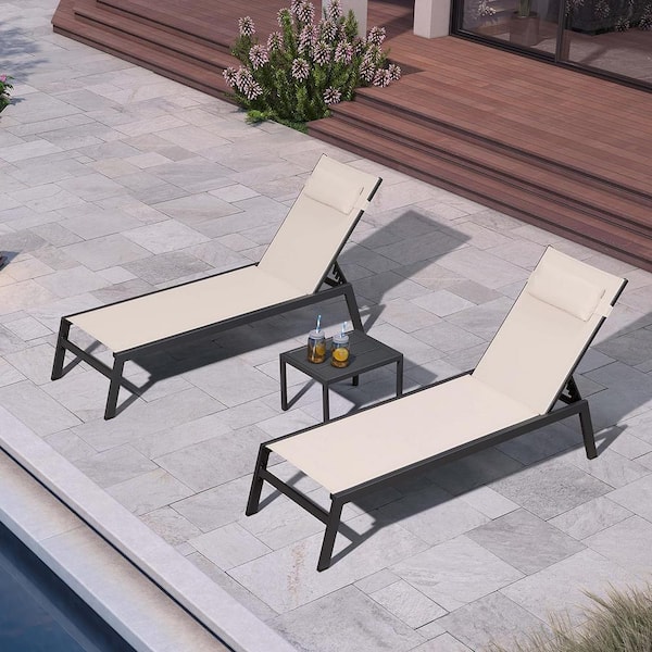 PURPLE LEAF Black Frame Lounge of 3-Pieces Aluminum Outdoor Chaise Lounge with Cushion and Side Table, Beige