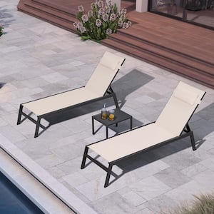 Aluminum Outdoor Lounge Chair Set with Side Table and Pillow for Pool Beach Sunbathing Tanning Recliner, Beige
