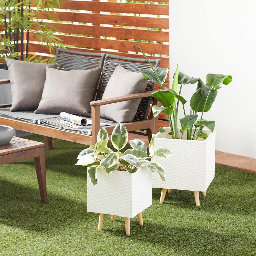 Modern White Textured Square Fiber Clay Planter Set
