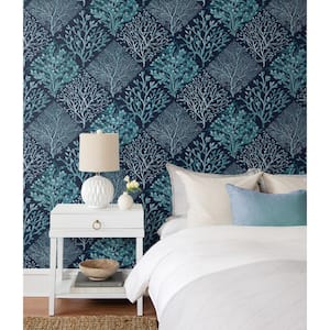 Teal and Navy Blue Seaweed Vinyl Peel and Stick Wallpaper Roll (Cover 30.75 sq. ft.)