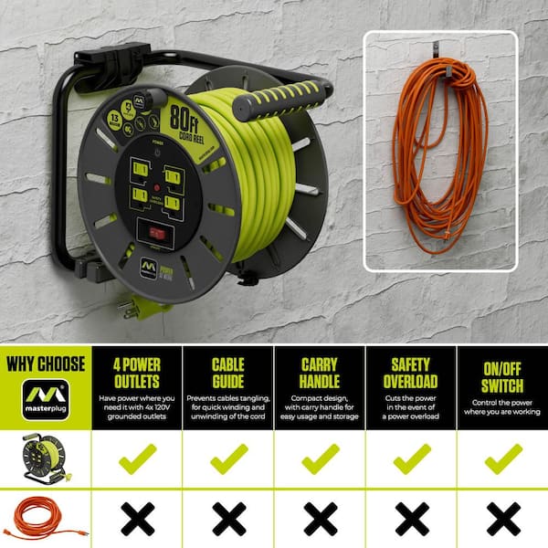 Masterplug Open Reel 80 ft. 14 AWG/3 13 Amp Extension Cord Reel