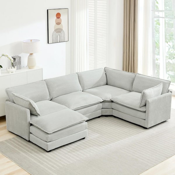 113.4 in. W 5-Piece Modern Corduroy Fabric Sectional Sofa with Ottoman in Gray