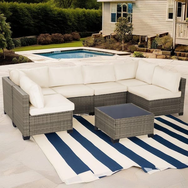 Gray Wicker 7-Piece Outdoor Patio Sectional Sofa,All-Weather PE Rattan Conversation Set w/Beige Cushion and Coffee Table