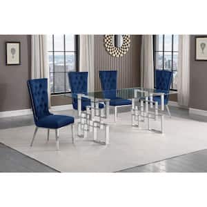 Dominga 5-Piece Rectangular Glass Top Stainless Steel Dining Set With 4 Navy Blue Velvet Fabric Stainless Steel Chair