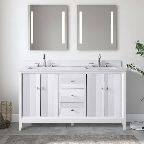 60 in. W Double Sink Freestanding White Bath Vanity Cabinet with Ariston White Engineered Marble Top