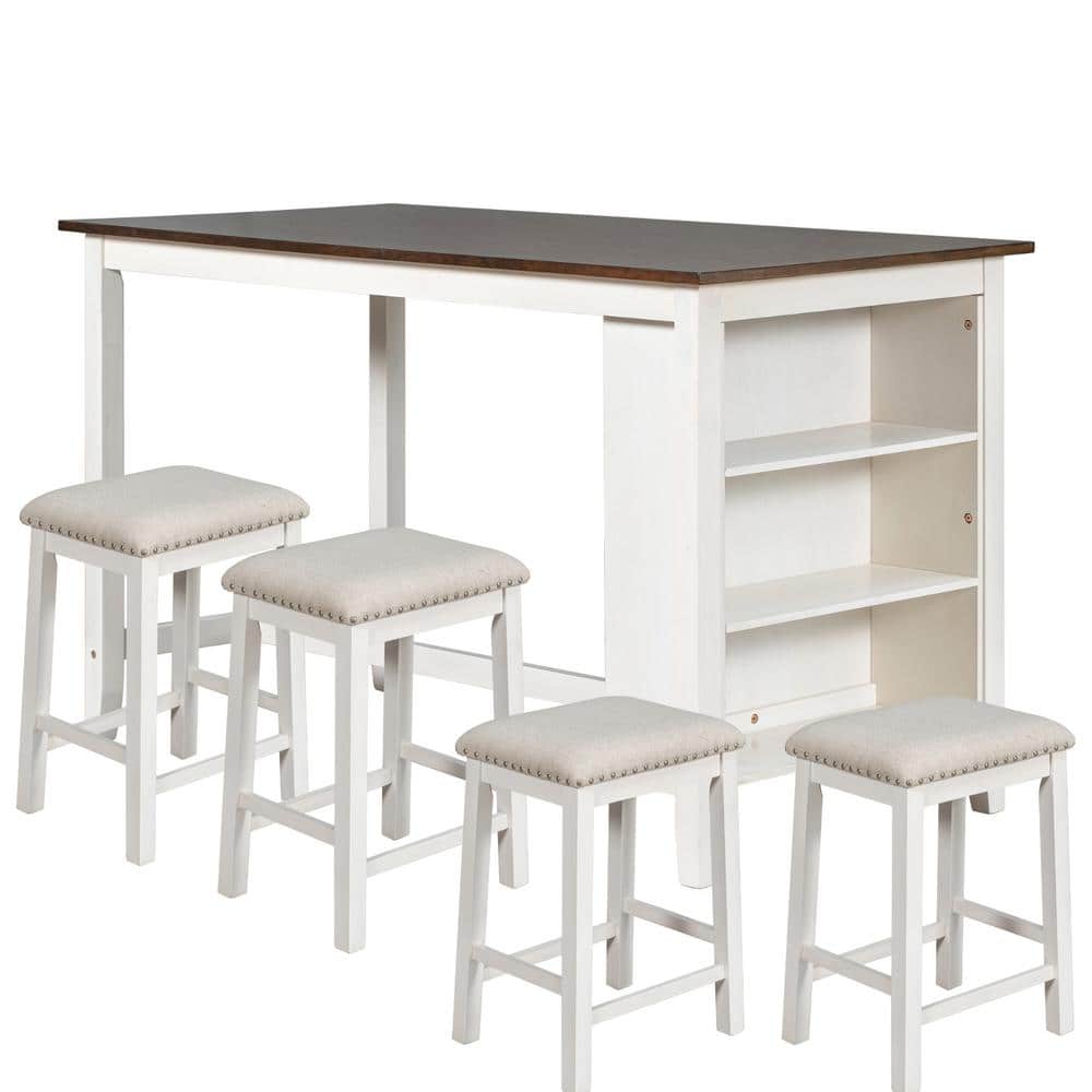 White 5-Piece Wood Counter Height Outdoor Dining Set in Rustic Farmhouse wi