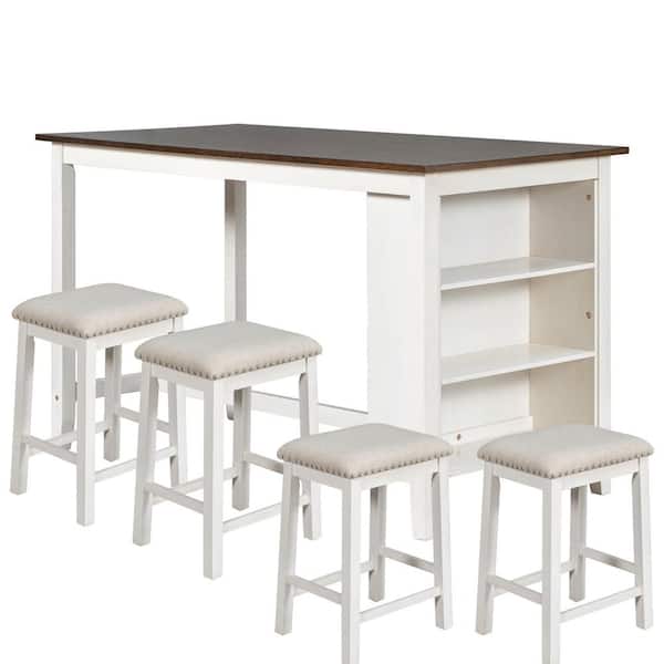 Unbranded White 5-Piece Wood Counter Height Outdoor Dining Set in Rustic Farmhouse with Table Shelves, 4 Stools and Beige Cushions