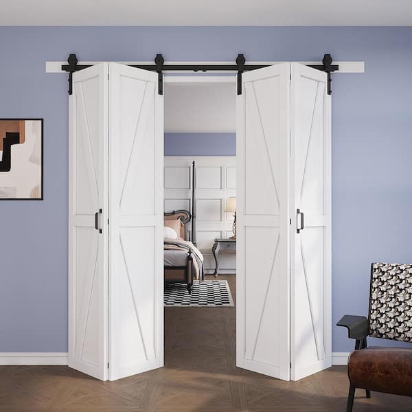 64 in. x 84 in. Assembled Bi-Fold K Shape White Primed DIY Available Solid Core MDF Sliding Barn Door with Hardware Kit
