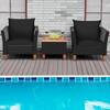 3-piece wicker patio set with two chairs and a coffee table by a pool.