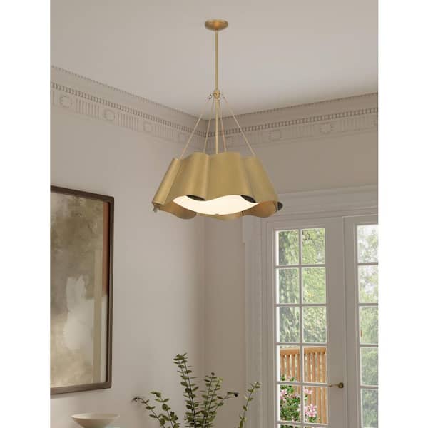 Waveform 60-Watt 4-Light Legacy Brass Round Pendant Light with Etched Seeded Glass and Metal Shades, No Bulbs Included