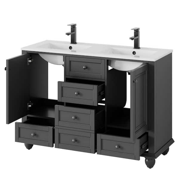 48 in. W. x 18.1 in. D x 34 in. H 2-Sink Freestanding Bath Vanity in Gray with White Resin Top and Drain Faucet Set