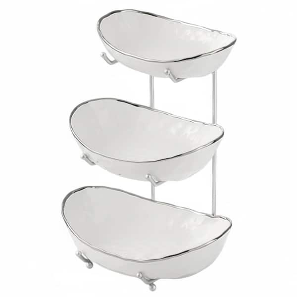 7.75 in. x 14.37 in. 3-Tier Ceramic Fruit Bowl with Gold Metal Stand for Kitchen Countertop Dining Table