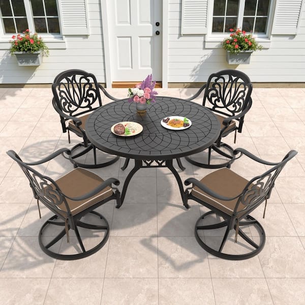 Willit Elizabeth 5-Piece Cast Aluminum Patio Outdoor Dining Set with Round Dining Table, 4 Swivel Chairs and 4 Brown Cushions