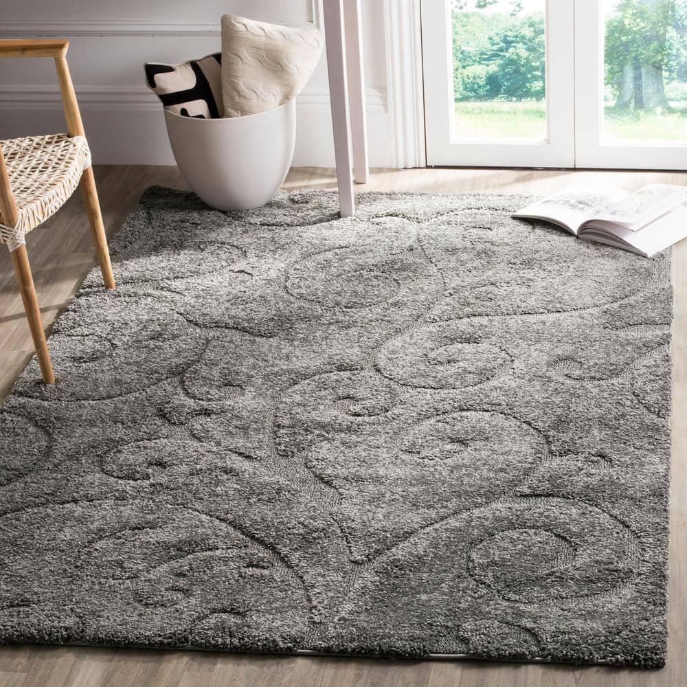 Gray Floral Shag Rectangular Synthetic Area Rug