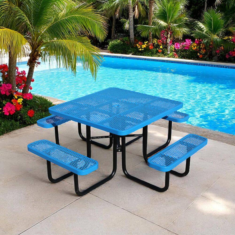 Outdoor 79 in. Thermoplastic Coated Square Steel Picnic Tables 8-Person with Umbrella Hole, Patio Dining Table, Blue price history on PriceWatchPro