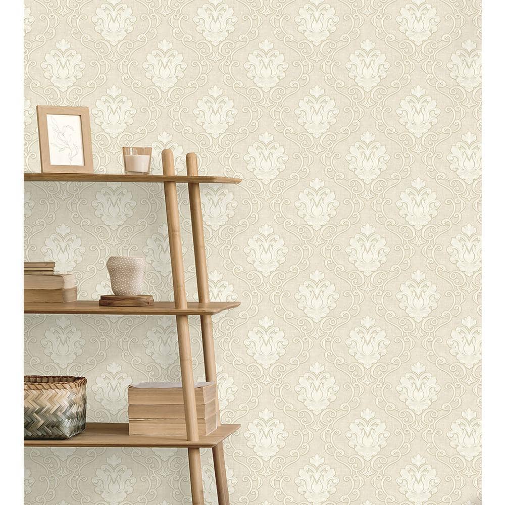 Florentine Neutral Damask Heavy Weight Vinyl Wallpaper, 20.9-in by 33-ft