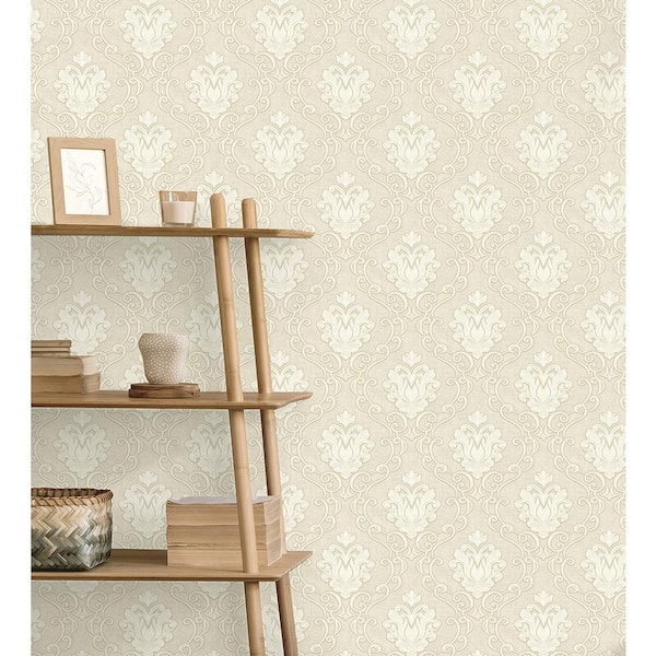 Florentine Neutral Damask Textured Non-pasted Vinyl Wallpaper