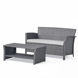St. Lucia Grey 2-Piece Faux Rattan Patio Conversation Set with Silver Cushions