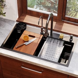 32 in. Drop-In/Undermount Single Bowl Stainless Steel Workstation Kitchen Sink in Black with Pull-Down Faucet