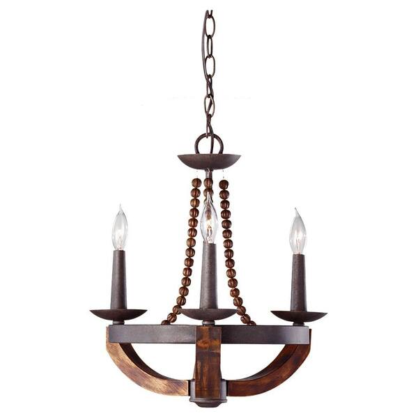 Generation Lighting Adan 3-Light Rustic Iron/Burnished Wood Mini Beaded Candlestick Hanging Chandelier With Carved Wood Bead Details